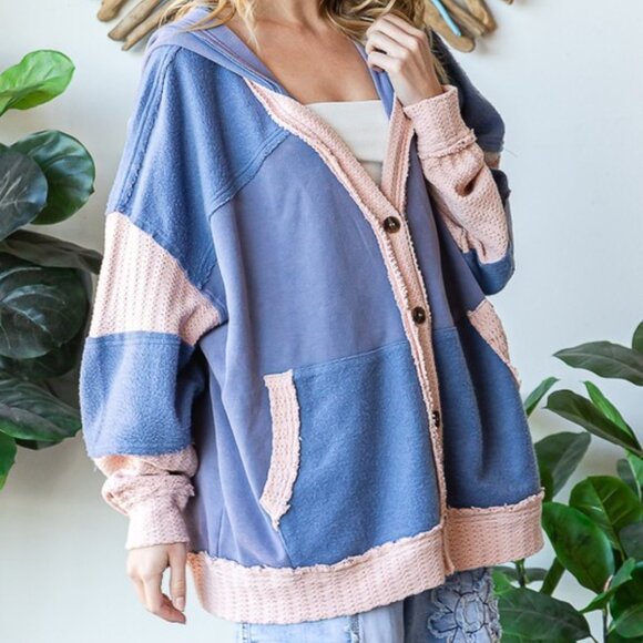 Oli & Hali Blue Washed Colorblock Hoodie Cardigan - Picture 2 of 6